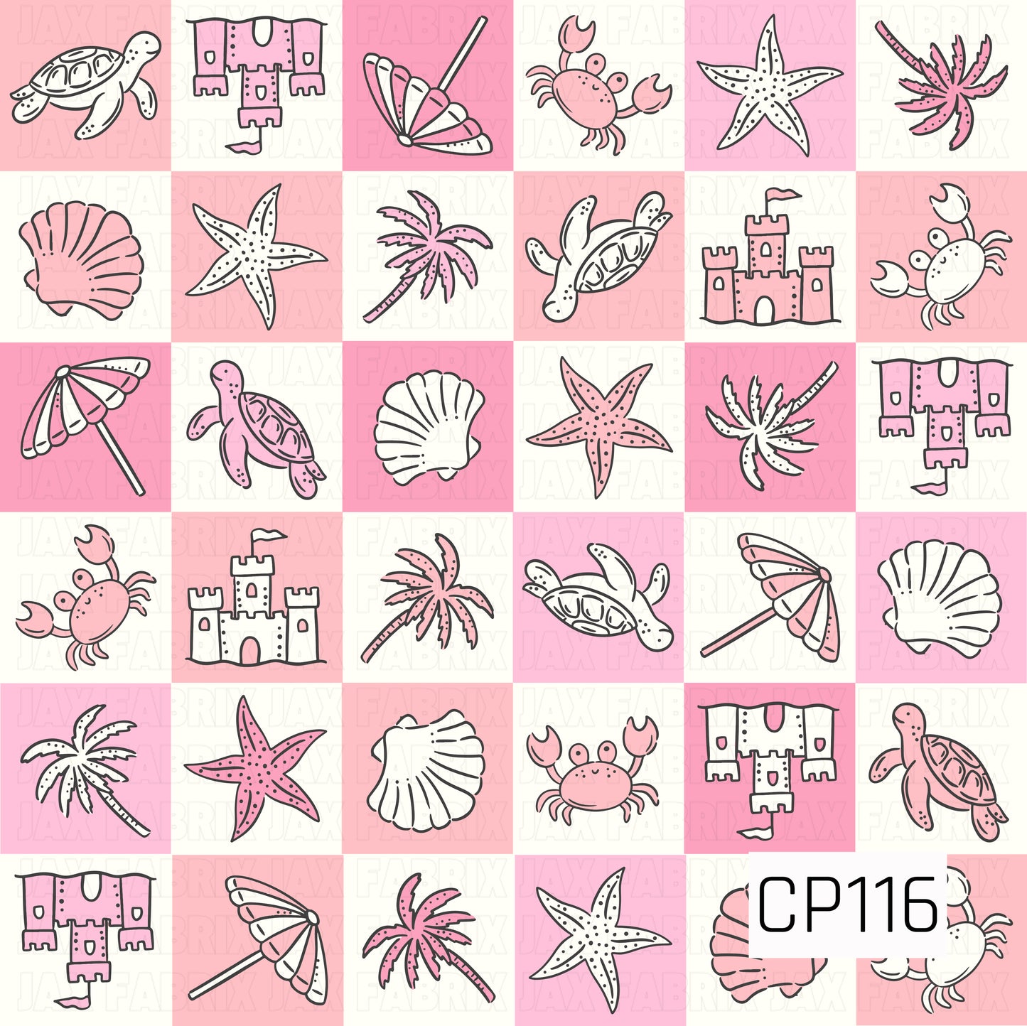 A seamless patchwork pattern featuring coastal-inspired icons arranged in alternating pink and white checkerboard squares. The design includes sea turtles, sandcastles, beach umbrellas, seashells, starfish, palm trees, and crabs in soft shades of pink, creating a sweet, playful beach-themed pattern with a cheerful pastel color palette.
