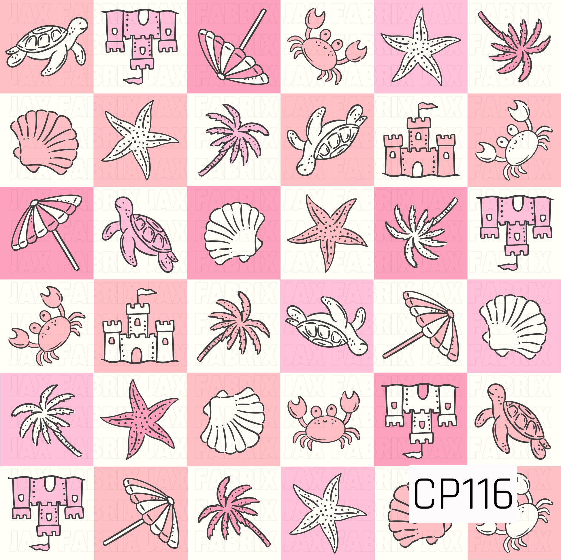 A seamless patchwork pattern featuring coastal-inspired icons arranged in alternating pink and white checkerboard squares. The design includes sea turtles, sandcastles, beach umbrellas, seashells, starfish, palm trees, and crabs in soft shades of pink, creating a sweet, playful beach-themed pattern with a cheerful pastel color palette.
