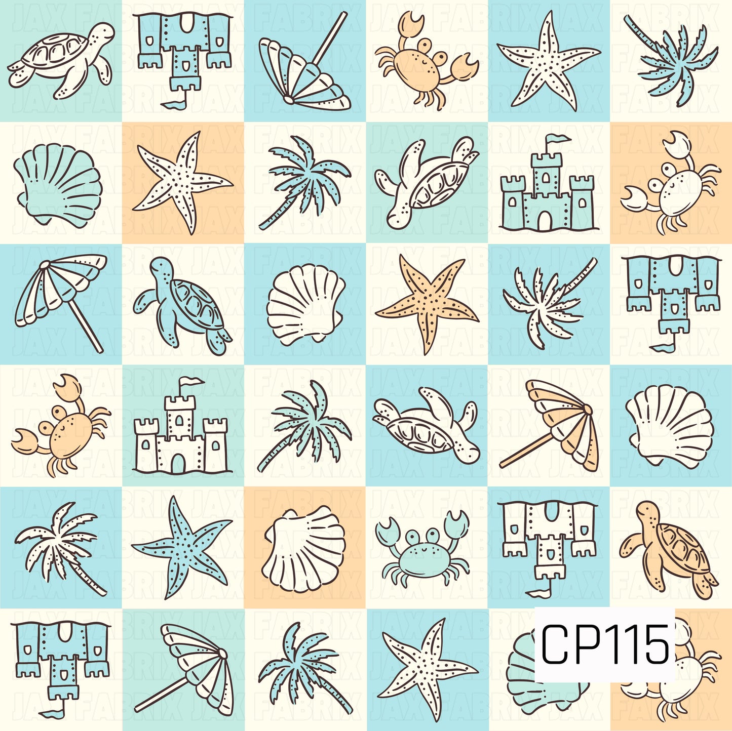 A seamless patchwork pattern featuring coastal-inspired icons arranged in soft aqua, cream, and sandy beige checkerboard squares. The design includes sea turtles, sandcastles, beach umbrellas, seashells, starfish, palm trees, and crabs, creating a playful beach-themed pattern with a light, breezy coastal color palette.
