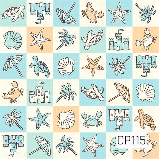 A seamless patchwork pattern featuring coastal-inspired icons arranged in soft aqua, cream, and sandy beige checkerboard squares. The design includes sea turtles, sandcastles, beach umbrellas, seashells, starfish, palm trees, and crabs, creating a playful beach-themed pattern with a light, breezy coastal color palette.
