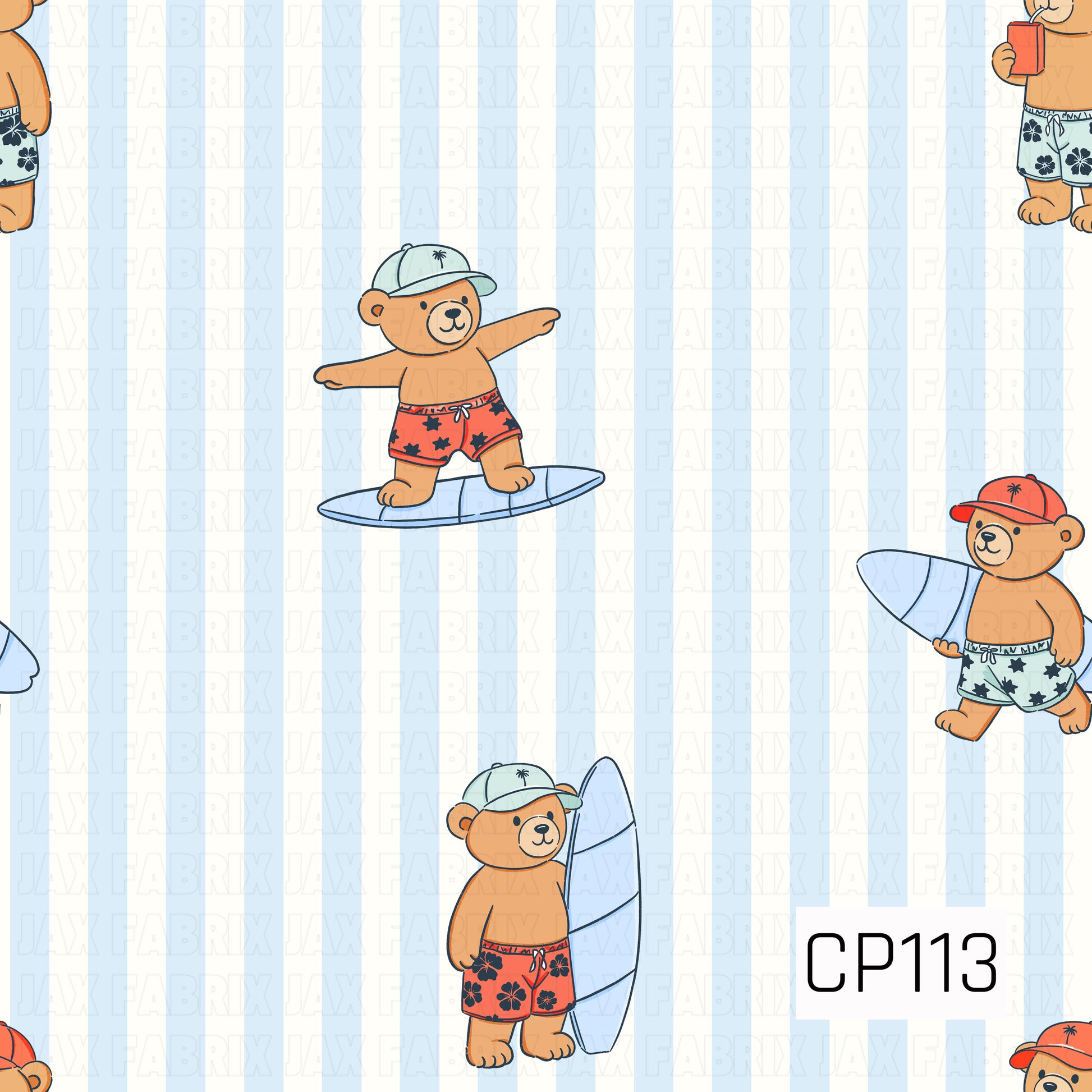 A playful seamless pattern featuring adorable bears enjoying a beach day against a light blue and white vertical striped background. The bears are shown surfing, carrying surfboards, and relaxing in colorful swim trunks and caps, creating a fun, coastal-inspired design with a cheerful summer vibe.
