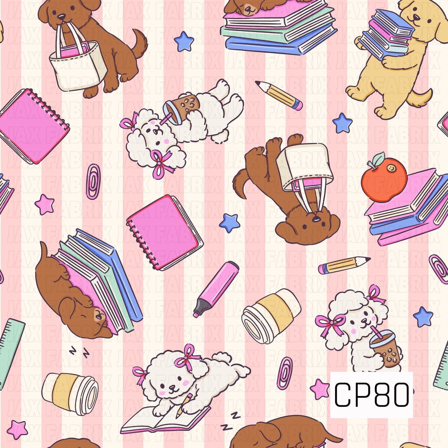 A sweet back-to-school pattern featuring playful puppies carrying books, sipping coffee, lounging on notebooks, and holding tote bags. Scattered pencils, notebooks, highlighters, coffee cups, apples, stars, and paper clips are set against a soft pink striped background for a cozy classroom-inspired look.

