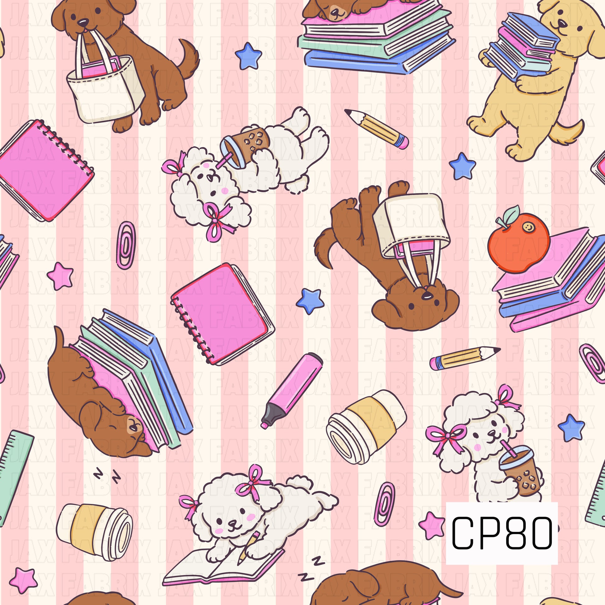 A sweet back-to-school pattern featuring playful puppies carrying books, sipping coffee, lounging on notebooks, and holding tote bags. Scattered pencils, notebooks, highlighters, coffee cups, apples, stars, and paper clips are set against a soft pink striped background for a cozy classroom-inspired look.
