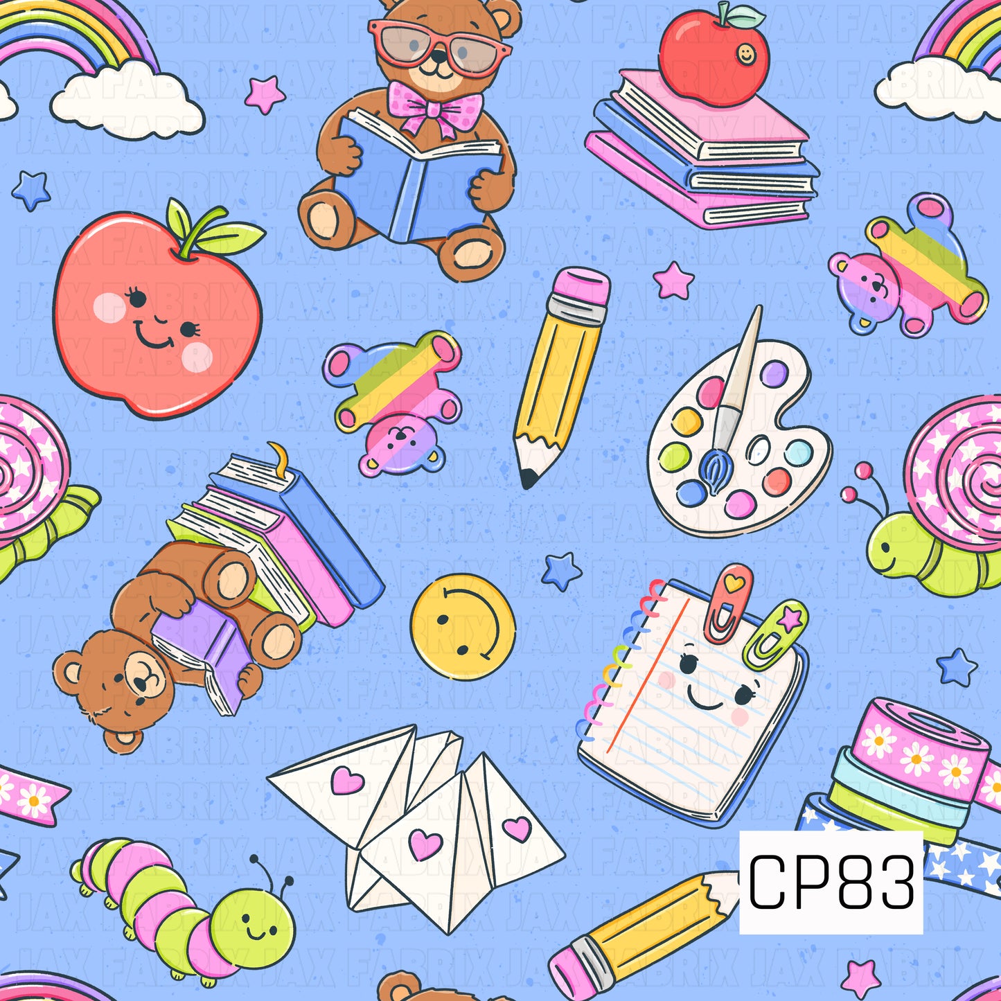 A cheerful back-to-school pattern featuring teddy bears reading books, smiling apples, notebooks, pencils, paint palettes, paper airplanes, rainbows, caterpillars, turtles, and colorful classroom supplies. Set on a bright blue background with scattered stars, the design has a fun, playful feel perfect for school-themed projects.
