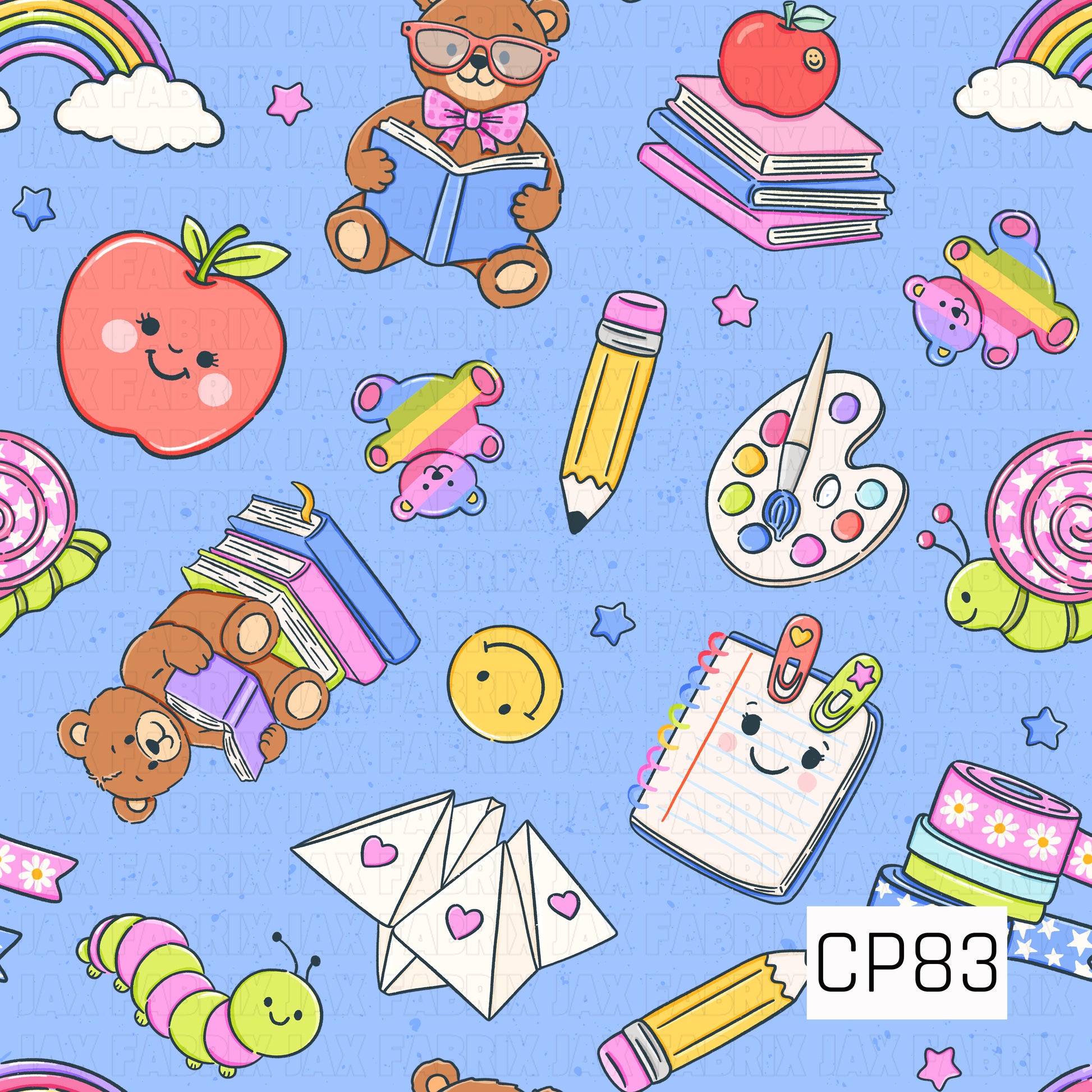 A cheerful back-to-school pattern featuring teddy bears reading books, smiling apples, notebooks, pencils, paint palettes, paper airplanes, rainbows, caterpillars, turtles, and colorful classroom supplies. Set on a bright blue background with scattered stars, the design has a fun, playful feel perfect for school-themed projects.
