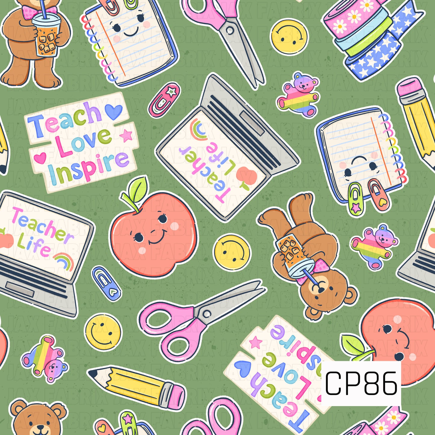 A cheerful teacher-themed pattern featuring smiling notebooks, apples, teddy bears, laptops with colorful teacher messages, scissors, pencils, washi tape, paper clips, and classroom supplies. Set on a green background with playful accents, this design celebrates the fun and creativity of teaching.
