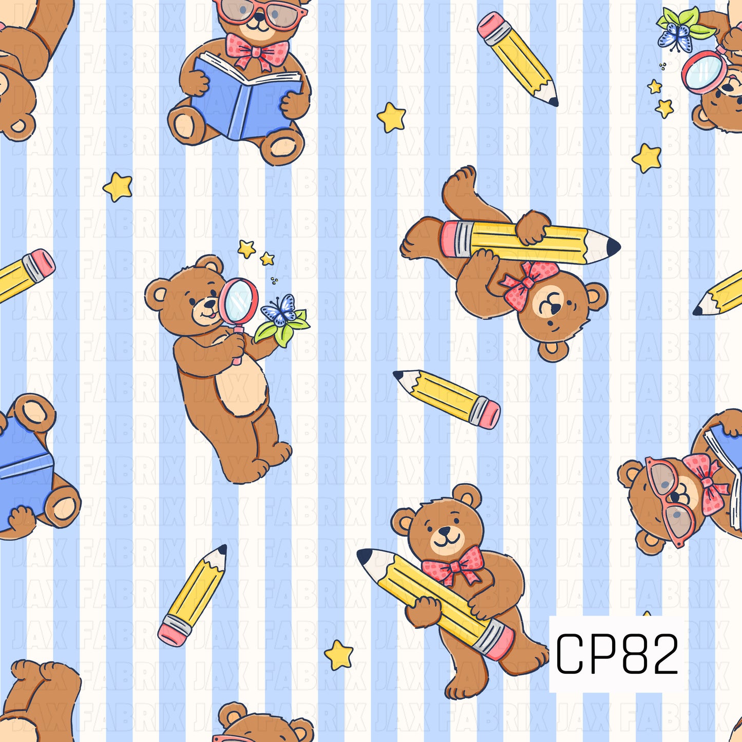 A playful back-to-school pattern featuring teddy bears reading books, holding oversized pencils, and exploring with magnifying glasses. Scattered pencils, stars, and butterflies are set against a soft blue striped background, creating a fun and curious classroom-inspired design.
