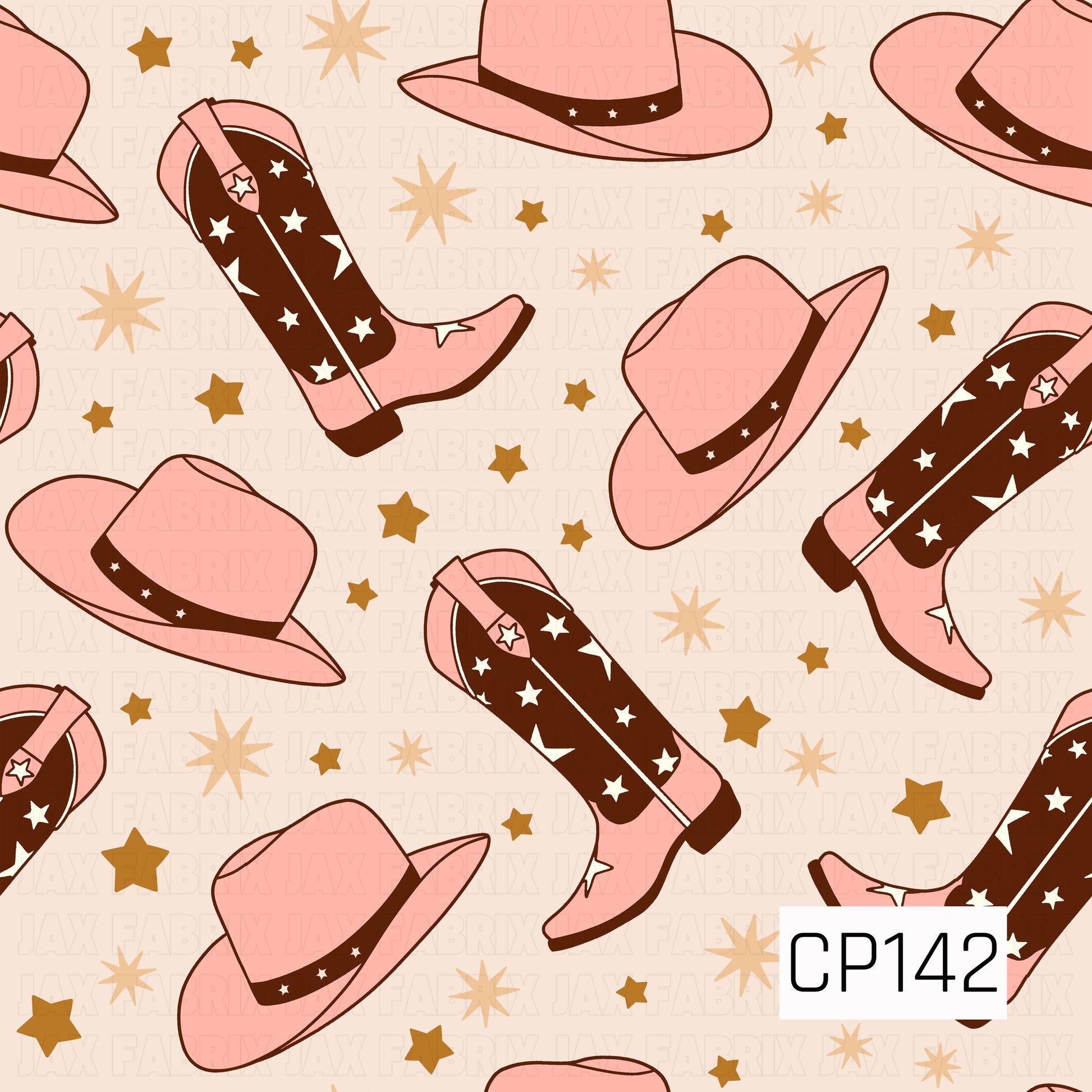 Pink cowboy hats and matching western boots with star details are scattered across a soft blush background with golden stars, creating a fun, girly western pattern.

