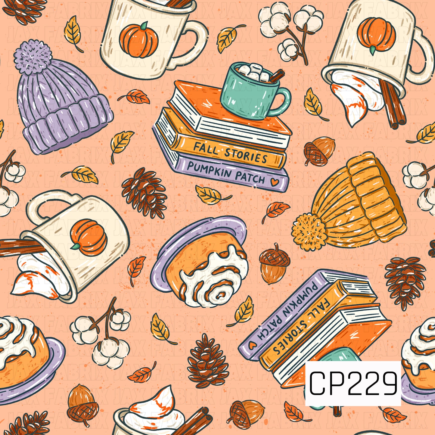 A cozy autumn seamless pattern featuring stacks of books, pumpkin-themed mugs filled with hot cocoa, cinnamon rolls, knit beanies, cotton stems, pinecones, acorns, falling leaves, and warm seasonal accents. Set against a soft peach background, this charming design captures the comforting feeling of crisp autumn days, cozy reading, and pumpkin spice season.

