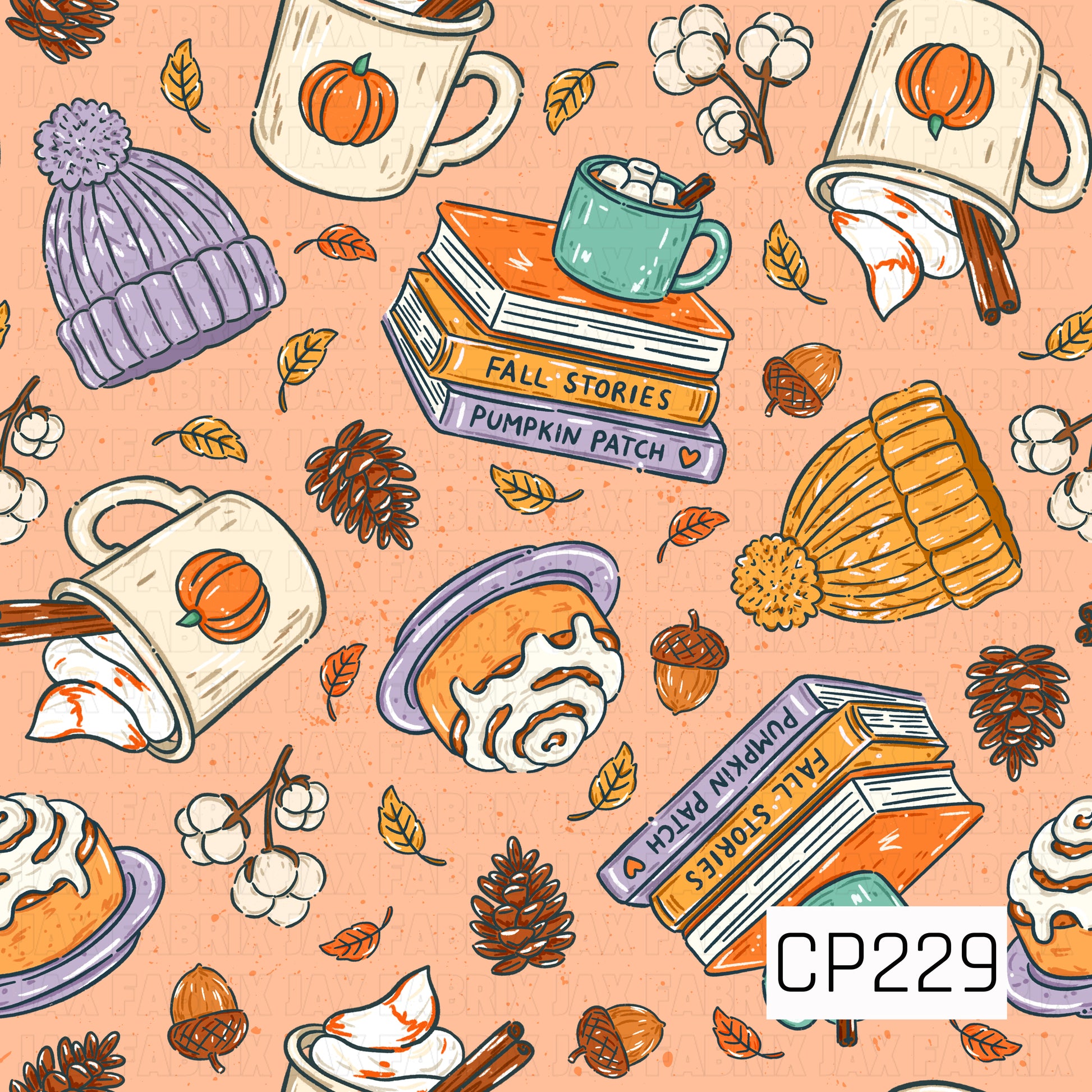 A cozy autumn seamless pattern featuring stacks of books, pumpkin-themed mugs filled with hot cocoa, cinnamon rolls, knit beanies, cotton stems, pinecones, acorns, falling leaves, and warm seasonal accents. Set against a soft peach background, this charming design captures the comforting feeling of crisp autumn days, cozy reading, and pumpkin spice season.
