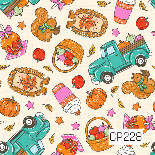 A charming autumn seamless pattern featuring vintage teal pickup trucks filled with pumpkins, cozy hedgehogs with maple leaves, squirrels holding acorns, baskets of colorful apples, pumpkins, caramel apples, to-go coffee cups, falling leaves, stars, and scattered apples. Set against a warm cream background, this whimsical design captures the cozy charm of apple orchard visits, pumpkin patch adventures, and crisp fall days.
