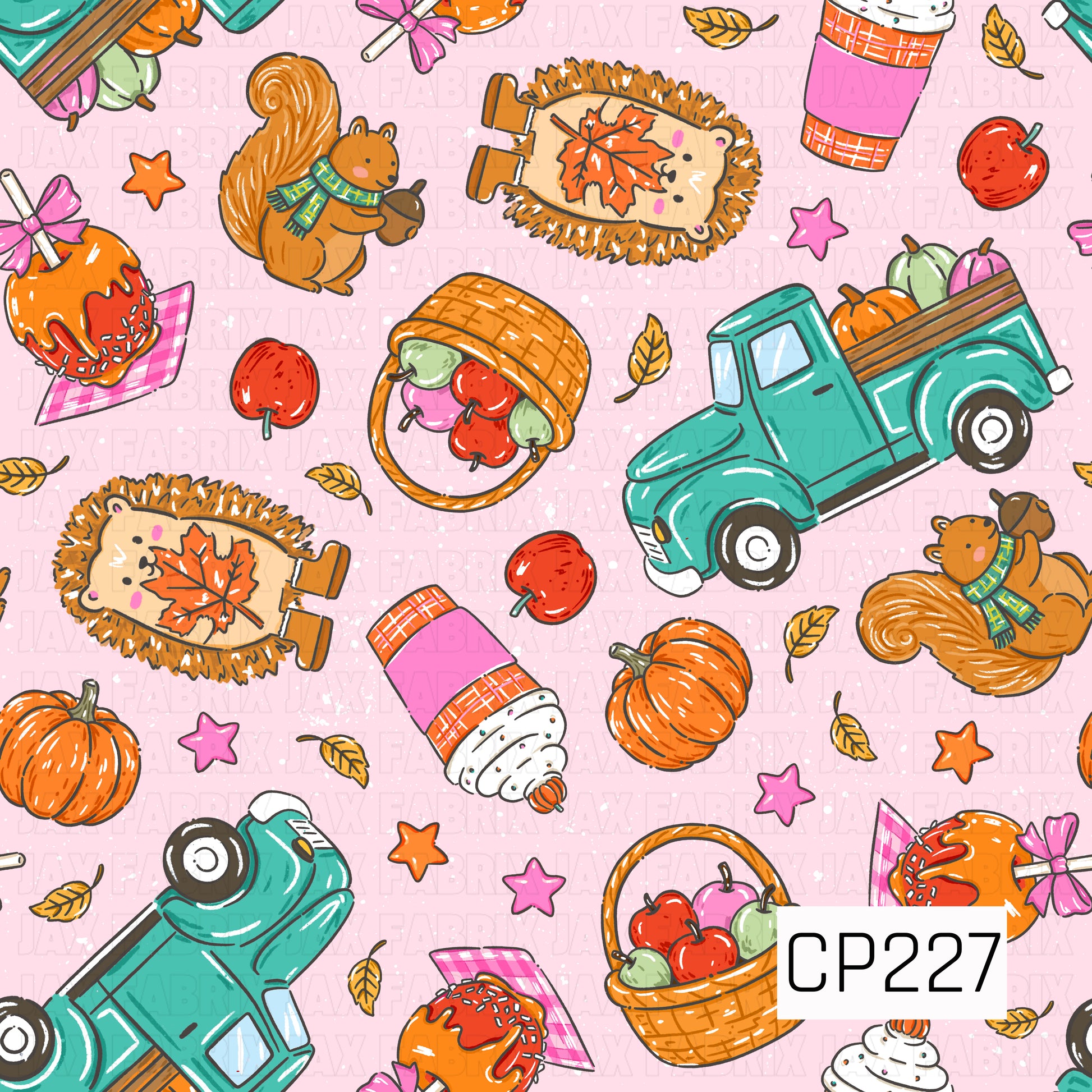 A charming autumn seamless pattern featuring vintage teal pickup trucks filled with pumpkins, cozy hedgehogs with maple leaves, squirrels holding acorns, baskets of colorful apples, pumpkins, caramel apples, to-go coffee cups, falling leaves, stars, and scattered apples. Set against a soft pink background, this whimsical design captures the cozy charm of apple orchard visits, pumpkin patch adventures, and crisp fall days.
