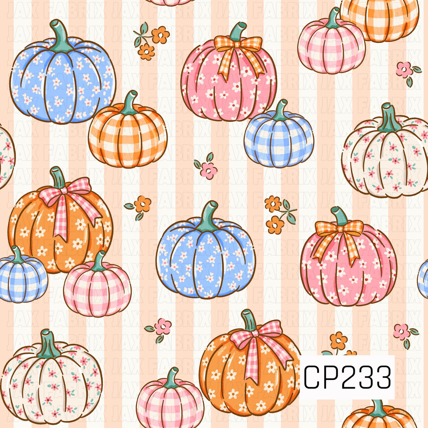 A charming autumn seamless pattern featuring pastel pumpkins decorated with gingham checks, dainty florals, bows, and tiny blossoms in soft shades of pink, blue, orange, and cream. Scattered flowers accent a warm peach striped background, creating a sweet cottage-inspired fall design with a soft vintage aesthetic.
