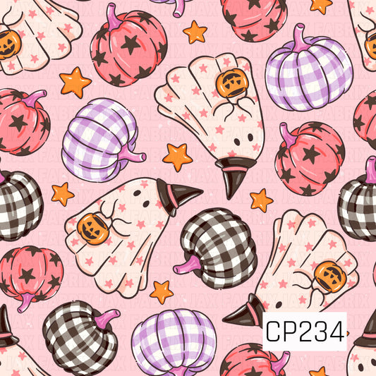 A sweet Halloween seamless pattern featuring smiling ghost characters wearing witch hats and holding tiny jack-o'-lantern buckets, surrounded by pastel pumpkins with gingham, plaid, and star patterns. Set against a soft pink background with scattered stars, this charming design blends cozy Halloween vibes with a playful pastel color palette.
