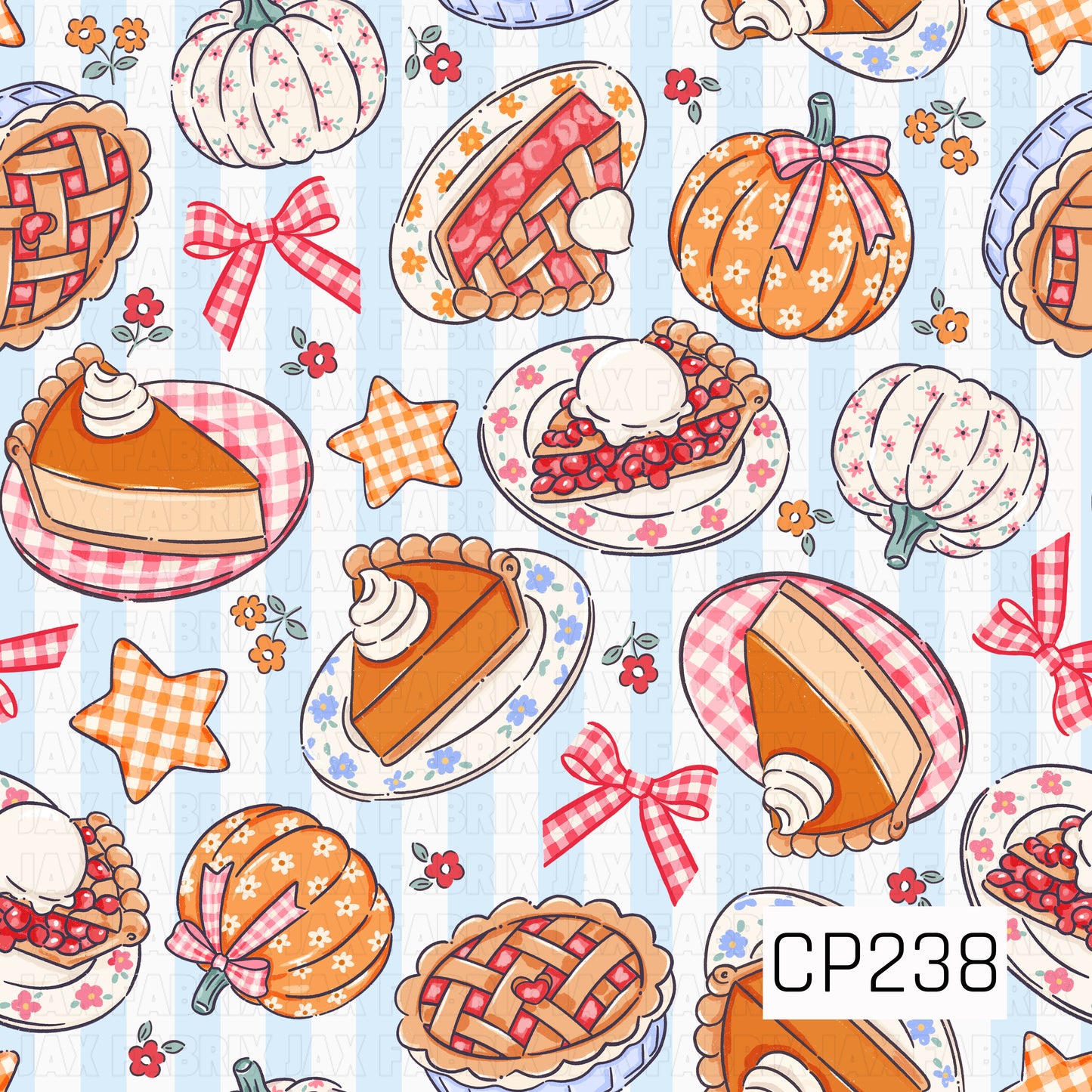 A charming autumn seamless pattern featuring pumpkin pies, cherry pies, slices of pumpkin pie topped with whipped cream, floral pumpkins, gingham bows, plaid stars, and delicate flowers. Set against a soft blue striped background, this cozy design combines sweet fall desserts with cottage-inspired pumpkins for a warm and nostalgic harvest aesthetic.
