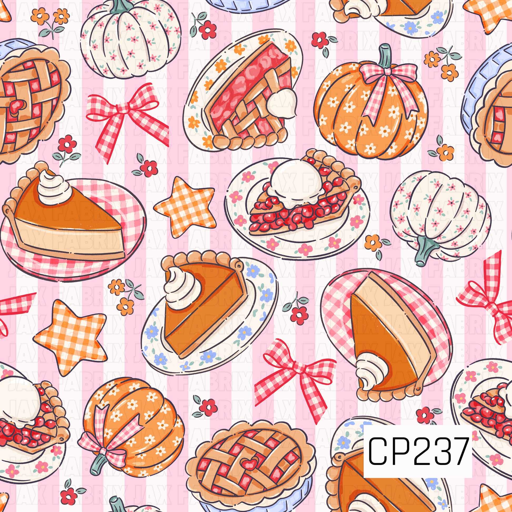 A charming autumn seamless pattern featuring pumpkin pies, cherry pies, slices of pumpkin pie topped with whipped cream, floral pumpkins, gingham bows, plaid stars, and delicate flowers. Set against a soft pink striped background, this cozy design combines sweet fall desserts with cottage-inspired pumpkins for a warm and nostalgic harvest aesthetic.
