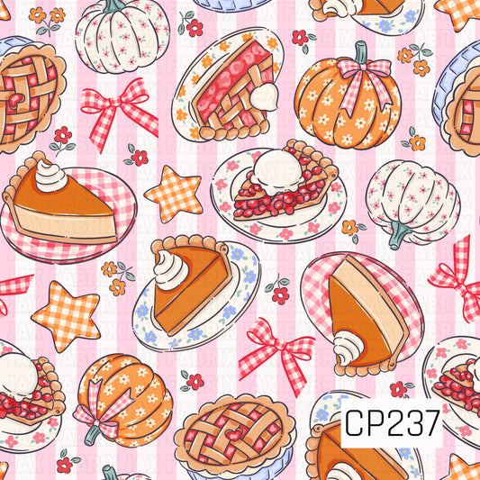 A charming autumn seamless pattern featuring pumpkin pies, cherry pies, slices of pumpkin pie topped with whipped cream, floral pumpkins, gingham bows, plaid stars, and delicate flowers. Set against a soft pink striped background, this cozy design combines sweet fall desserts with cottage-inspired pumpkins for a warm and nostalgic harvest aesthetic.

