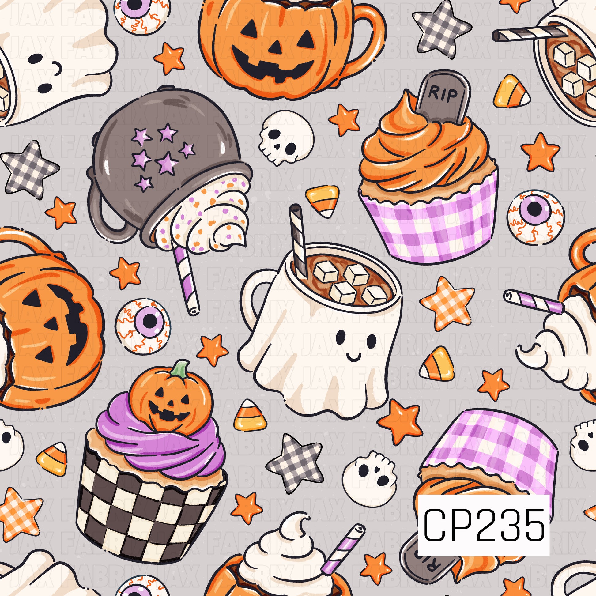 A cozy Halloween seamless pattern featuring smiling ghost mugs filled with hot cocoa, pumpkin mugs topped with whipped cream, festive cupcakes, ghost-shaped cookies, candy corn, eyeball candies, skulls, gingham stars, and playful Halloween sweets. Set against a soft gray background, this charming design combines cute spooky treats with warm autumn colors for a fun and whimsical Halloween aesthetic.
