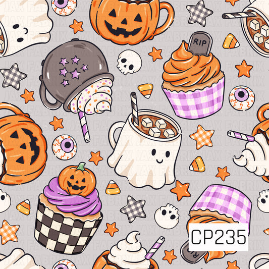 A cozy Halloween seamless pattern featuring smiling ghost mugs filled with hot cocoa, pumpkin mugs topped with whipped cream, festive cupcakes, ghost-shaped cookies, candy corn, eyeball candies, skulls, gingham stars, and playful Halloween sweets. Set against a soft gray background, this charming design combines cute spooky treats with warm autumn colors for a fun and whimsical Halloween aesthetic.
