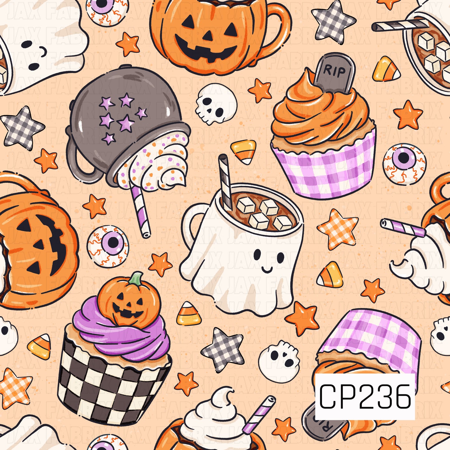 A cozy Halloween seamless pattern featuring smiling ghost mugs filled with hot cocoa, pumpkin mugs topped with whipped cream, festive cupcakes, ghost-shaped cookies, candy corn, eyeball candies, skulls, gingham stars, and playful Halloween sweets. Set against a warm cream background, this charming design combines cute spooky treats with cozy autumn colors for a fun and whimsical Halloween aesthetic.
