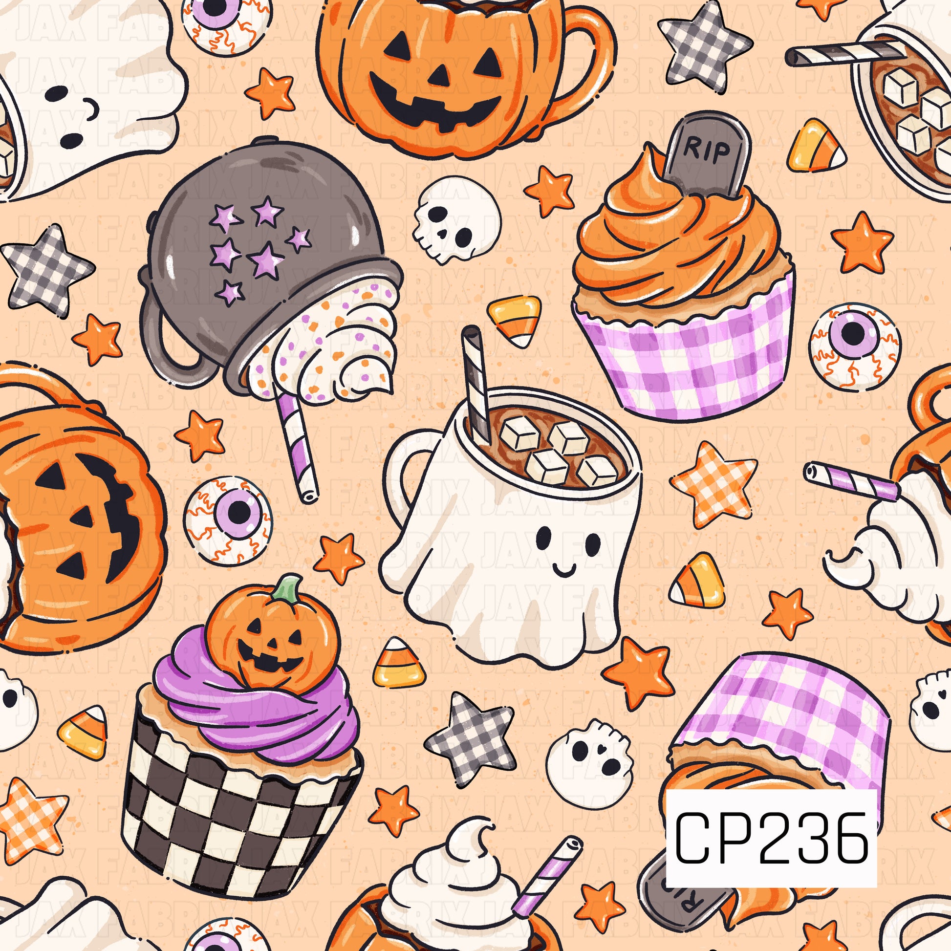 A cozy Halloween seamless pattern featuring smiling ghost mugs filled with hot cocoa, pumpkin mugs topped with whipped cream, festive cupcakes, ghost-shaped cookies, candy corn, eyeball candies, skulls, gingham stars, and playful Halloween sweets. Set against a warm cream background, this charming design combines cute spooky treats with cozy autumn colors for a fun and whimsical Halloween aesthetic.
