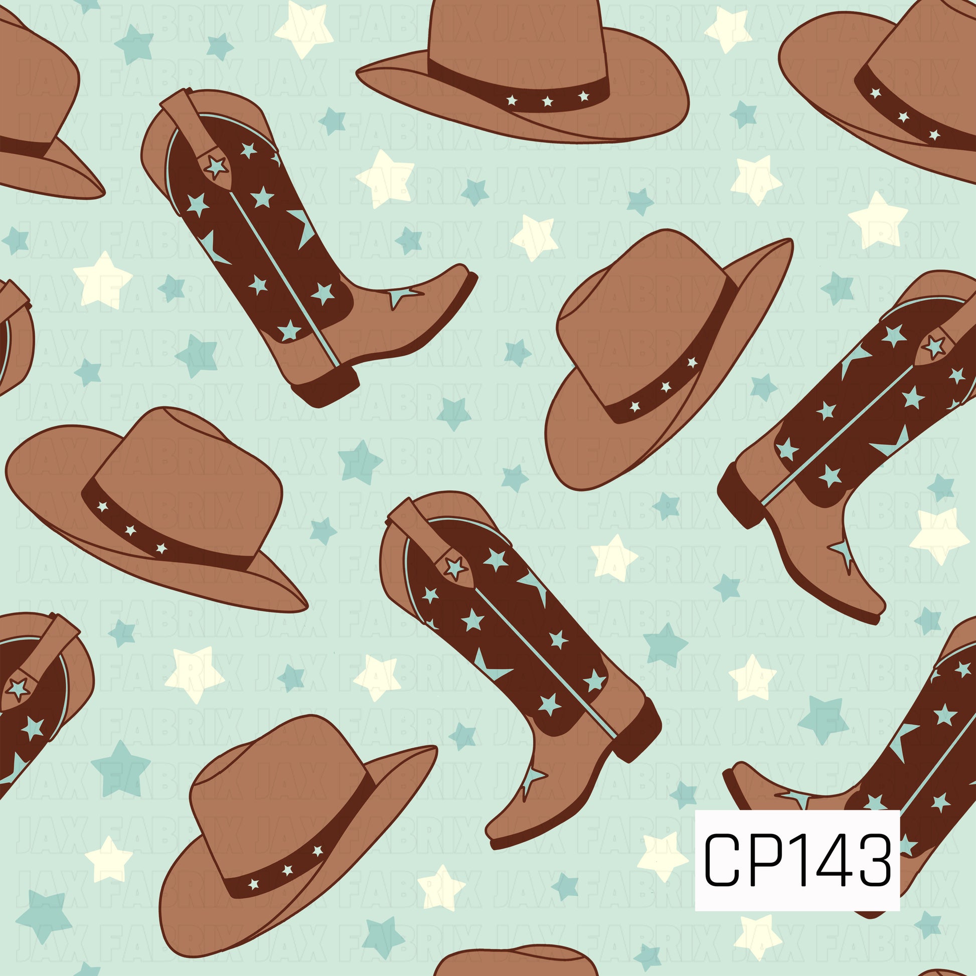 Brown cowboy hats and matching western boots with blue star details are scattered across a light aqua background with cream and blue stars, creating a classic western pattern with a vintage feel.
