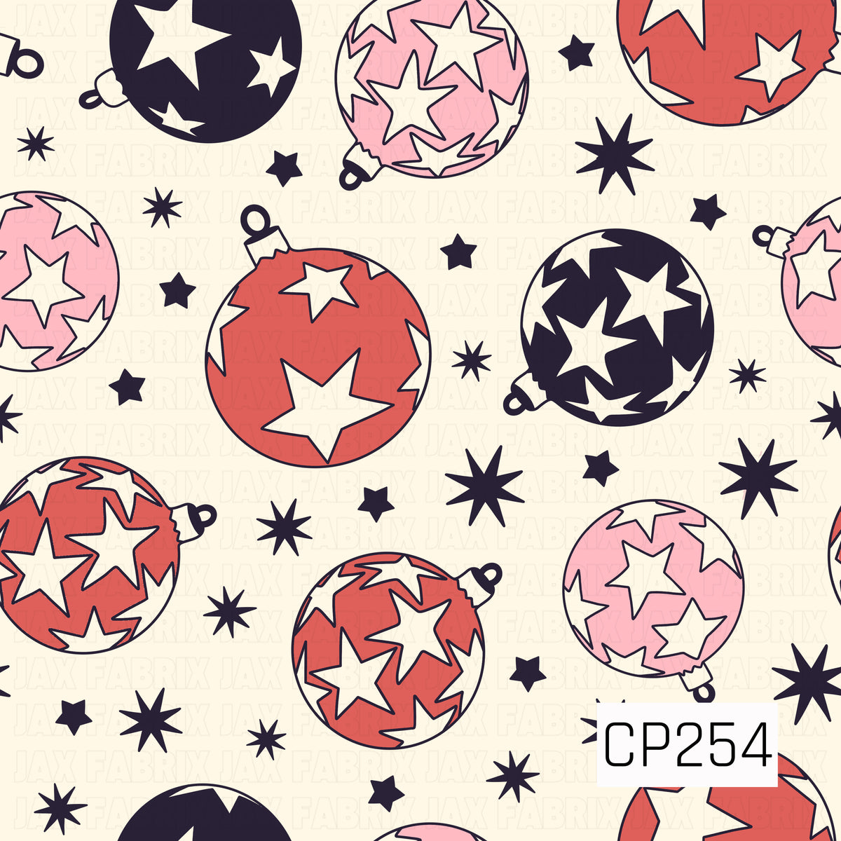 A playful retro Christmas ornament pattern featuring oversized baubles in red, pink, and deep navy, each filled with bold cream stars. Scattered stars and starbursts fill the warm cream background for a fun, whimsical holiday look.