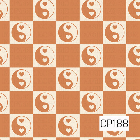 A seamless checkerboard pattern featuring warm pumpkin orange and creamy ivory squares, with alternating retro yin-yang symbols accented by small heart shapes. The earthy color palette and minimalist design create a cozy, vintage-inspired look perfect for fall 
