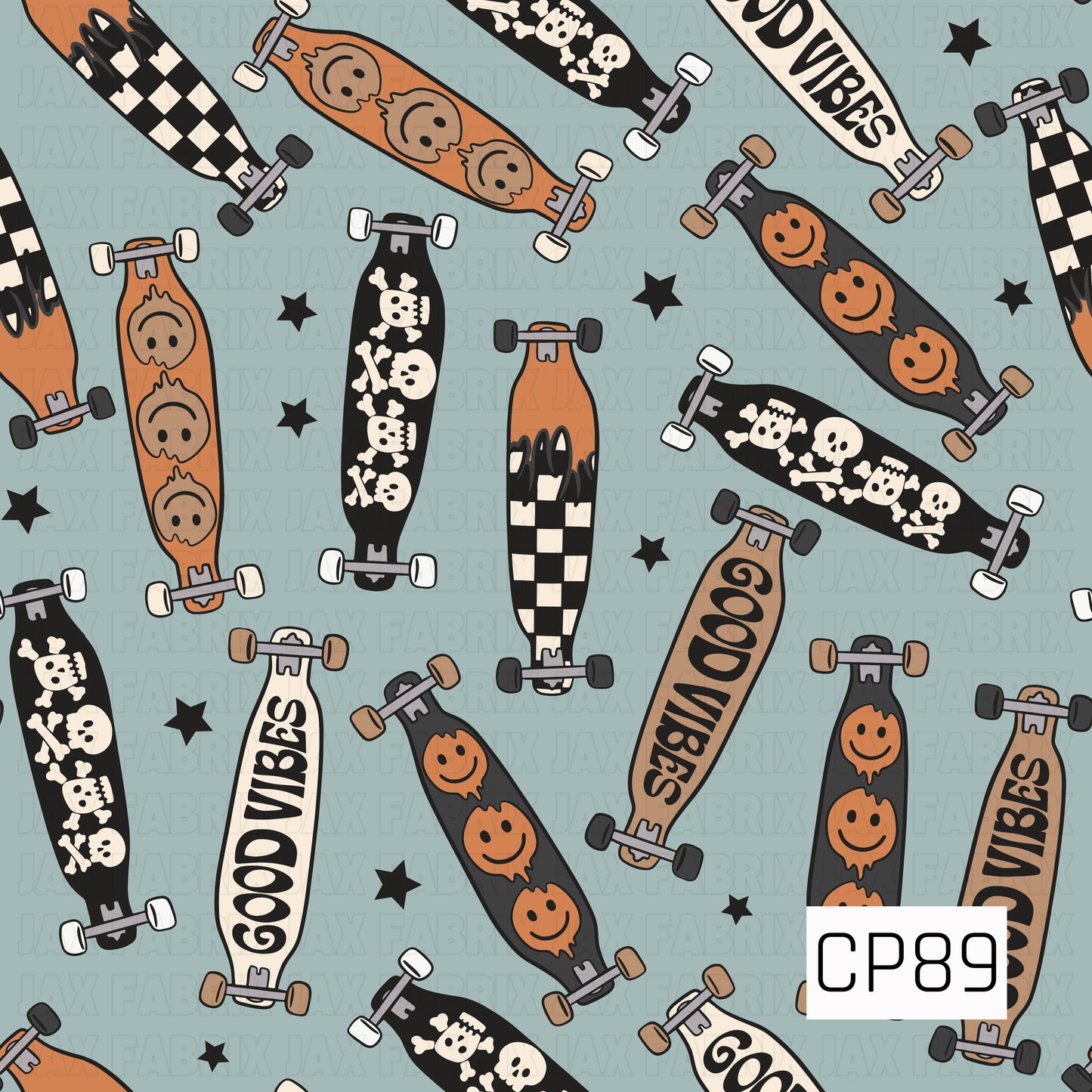 A seamless pattern featuring longboards with checkerboard, skull, smiley face, dripping paint, and "Good Vibes" graphics, scattered with black stars on a muted blue background for a bold retro skater aesthetic.
