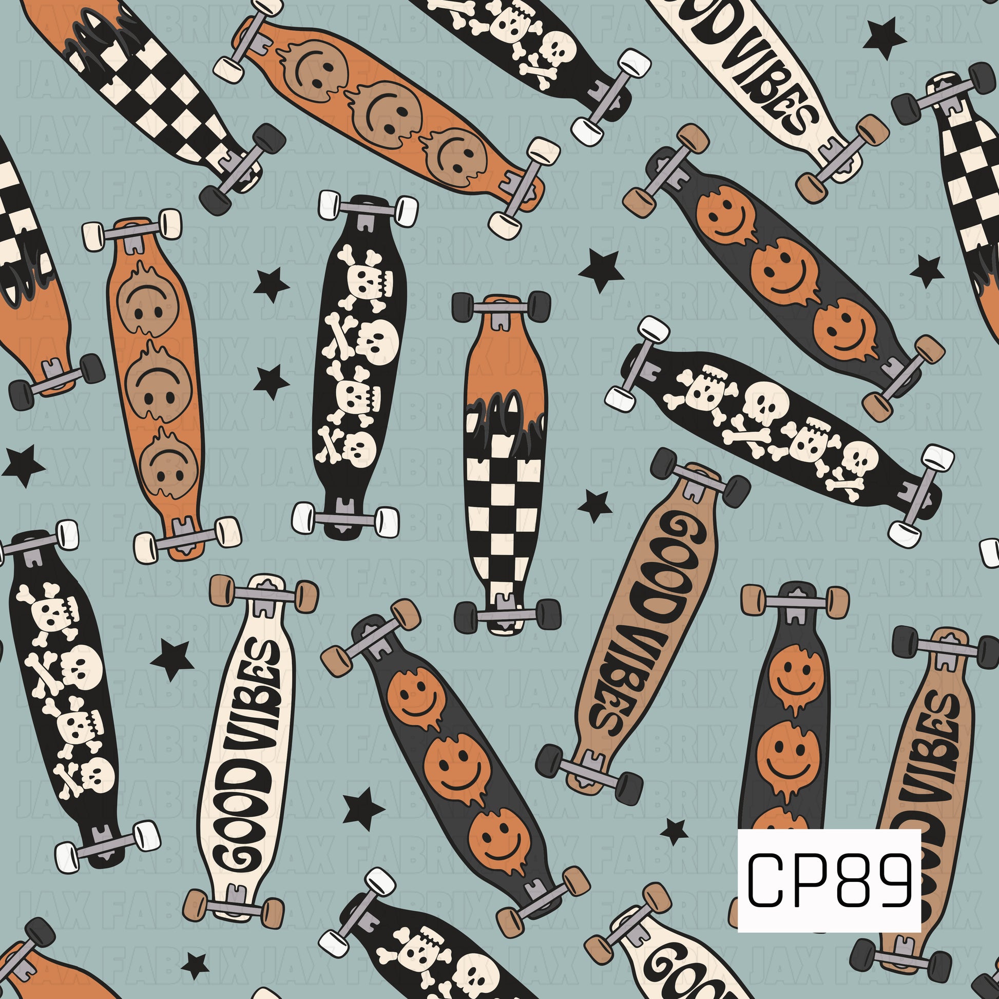 A seamless pattern featuring longboards with checkerboard, skull, smiley face, dripping paint, and "Good Vibes" graphics, scattered with black stars on a muted blue background for a bold retro skater aesthetic.

