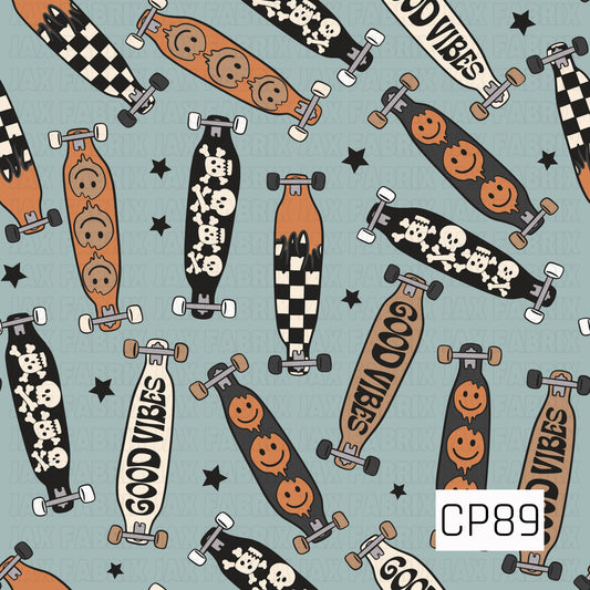 A seamless pattern featuring longboards with checkerboard, skull, smiley face, dripping paint, and "Good Vibes" graphics, scattered with black stars on a muted blue background for a bold retro skater aesthetic.
