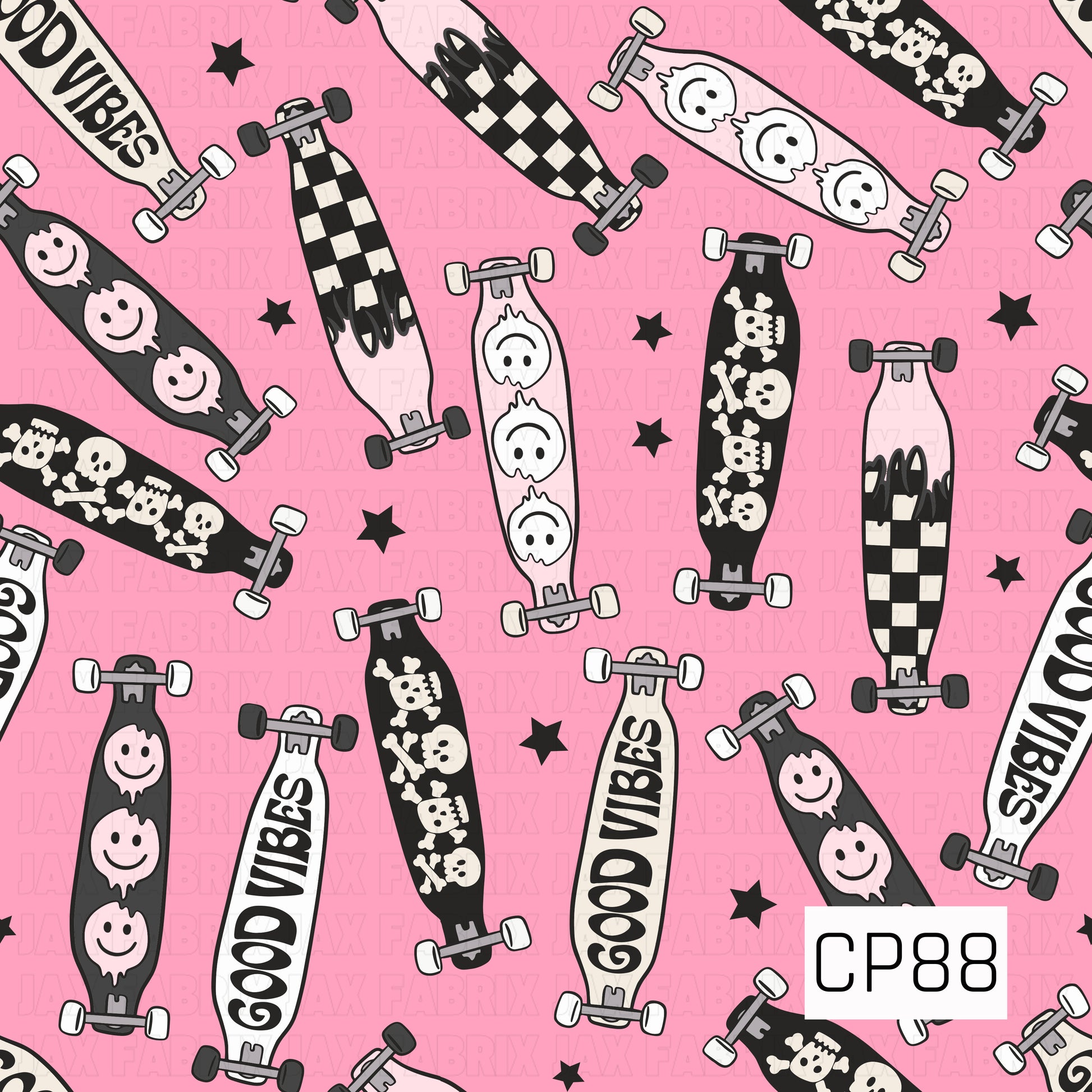 A seamless pattern featuring longboards with checkerboard, smiley face, skull, ghost, and "Good Vibes" designs, scattered with black stars on a bright pink background.
