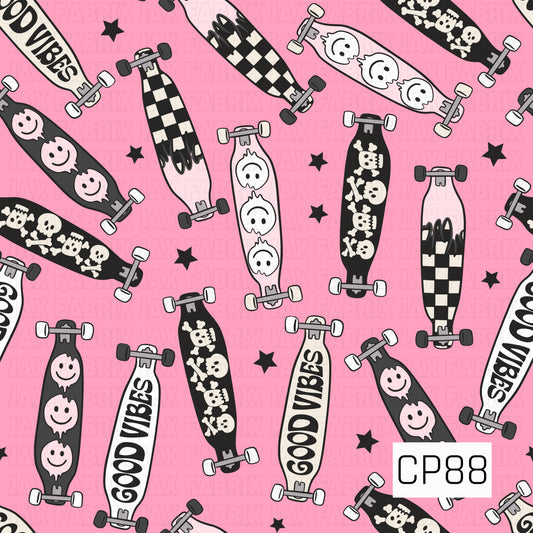 A seamless pattern featuring longboards with checkerboard, smiley face, skull, ghost, and "Good Vibes" designs, scattered with black stars on a bright pink background.
