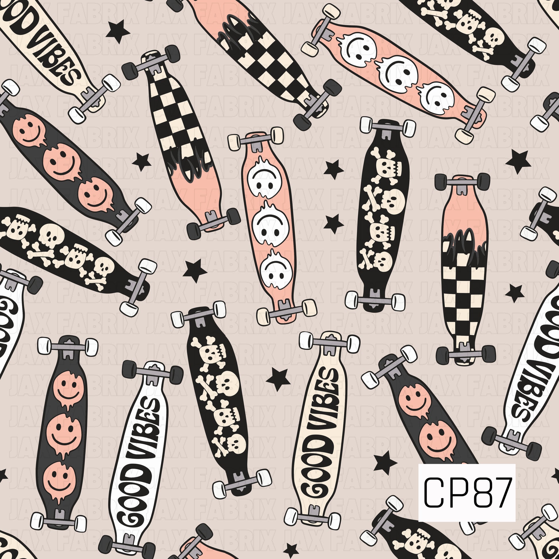 A seamless pattern featuring longboards with checkerboard, smiley face, skull, ghost, and "Good Vibes" designs, scattered with black stars on a soft cream background.
