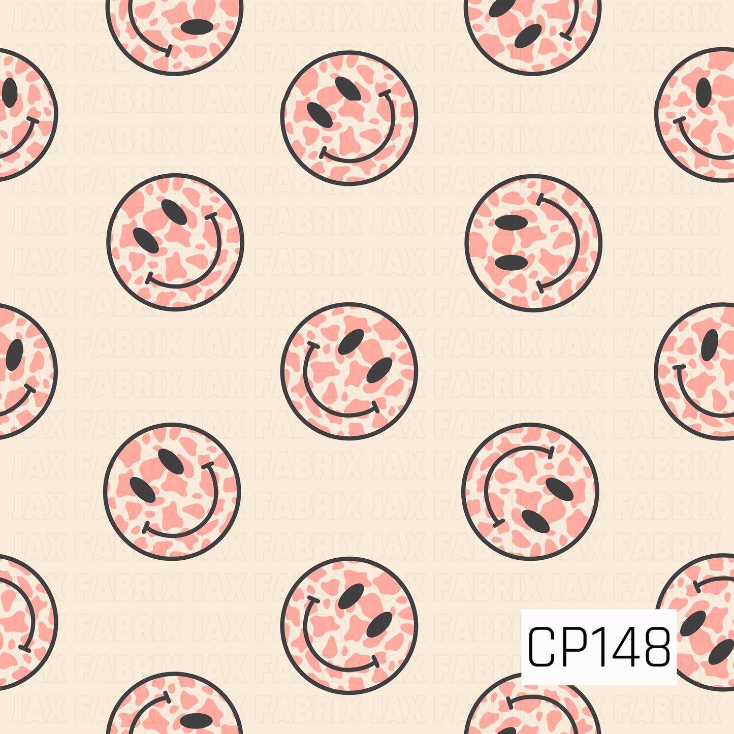 Pink cow print smiley faces with black facial features are scattered across a soft cream background, creating a playful and trendy design with a fun western-inspired twist.
