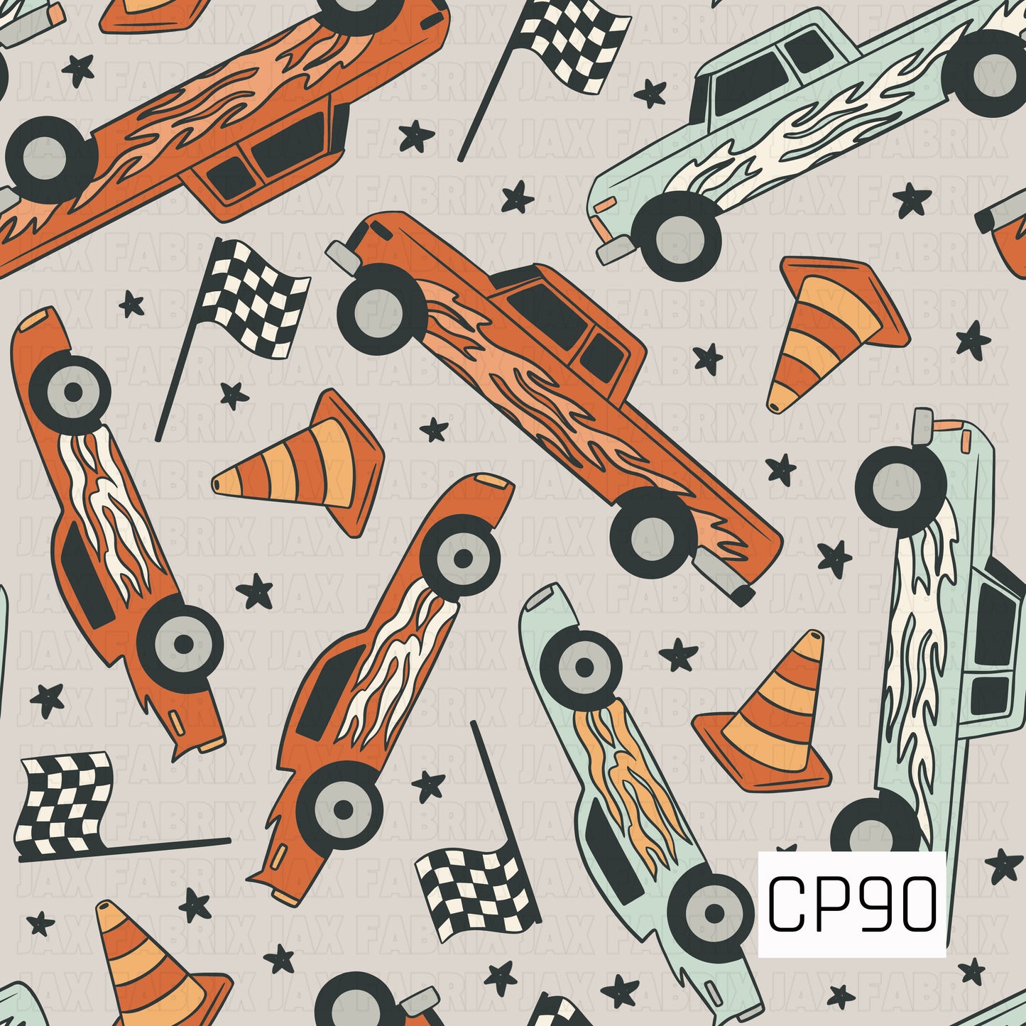 A seamless pattern featuring vintage pickup trucks with flame graphics, checkered racing flags, orange traffic cones, and scattered black stars on a light cream background. The retro racing theme combines bold orange and mint trucks for a fun, high-speed design.
