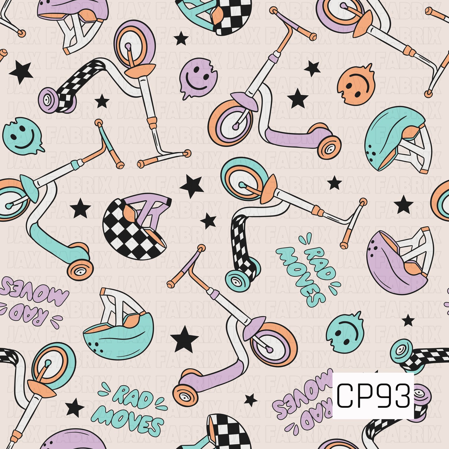 A seamless pattern featuring scooters, helmets, checkerboard accents, skate ramps, smiley faces, and "Rad Moves" lettering scattered with black stars on a light cream background. The retro design uses soft teal, lavender, peach, and black for a fun, playful extreme sports theme.
