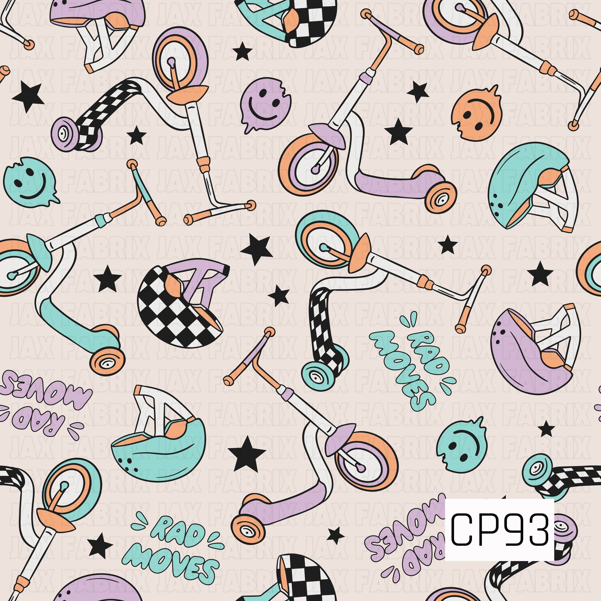 A seamless pattern featuring scooters, helmets, checkerboard accents, skate ramps, smiley faces, and "Rad Moves" lettering scattered with black stars on a light cream background. The retro design uses soft teal, lavender, peach, and black for a fun, playful extreme sports theme.
