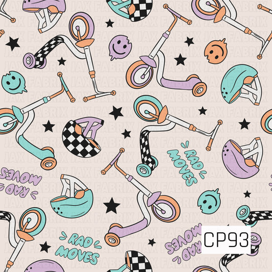 A seamless pattern featuring scooters, helmets, checkerboard accents, skate ramps, smiley faces, and "Rad Moves" lettering scattered with black stars on a light cream background. The retro design uses soft teal, lavender, peach, and black for a fun, playful extreme sports theme.
