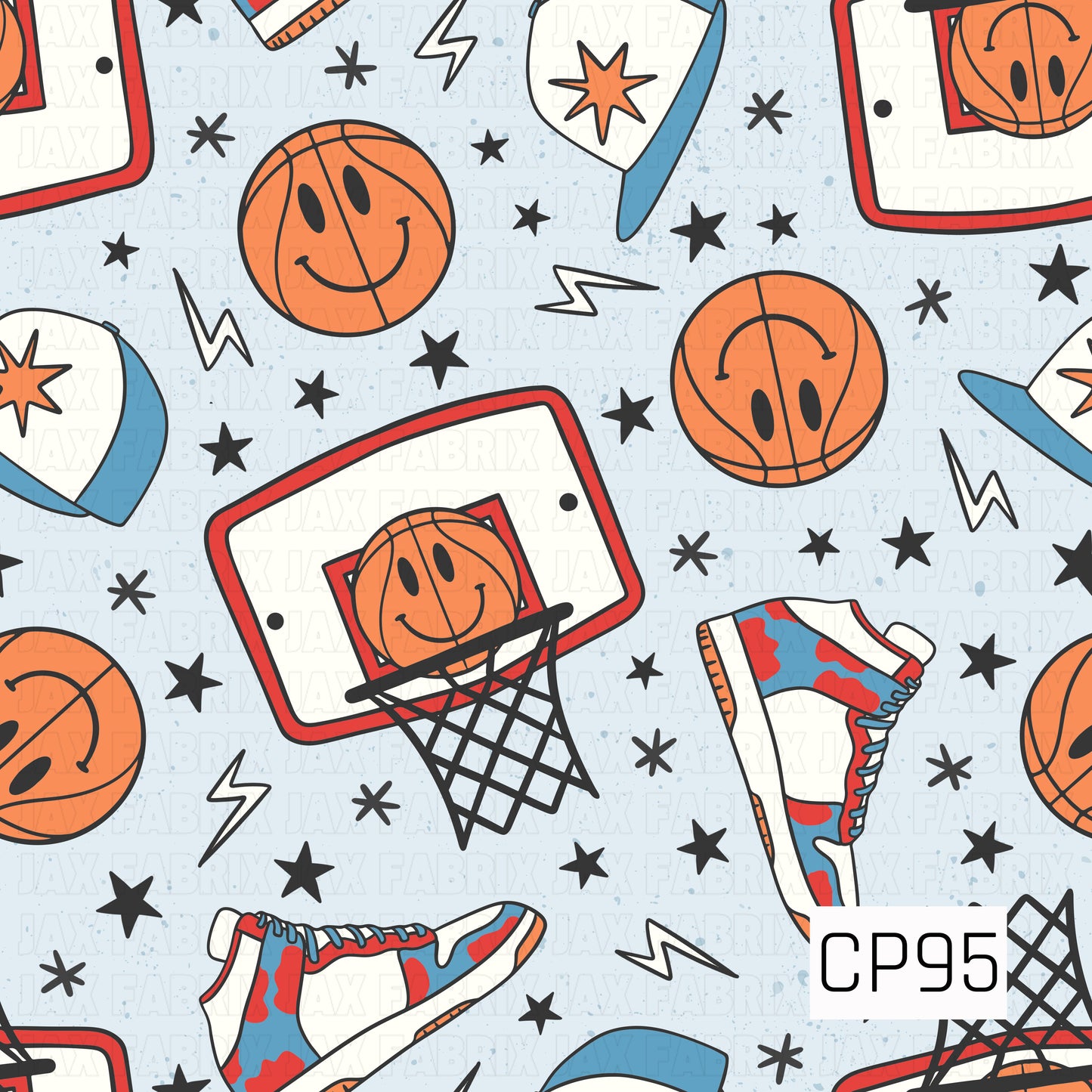 A seamless pattern featuring basketball hoops, smiling basketballs, athletic sneakers, varsity-style pennants, lightning bolts, and scattered black stars on a light blue speckled background. The bold red, blue, orange, and white color palette creates a fun retro sports design with playful basketball-inspired elements.
