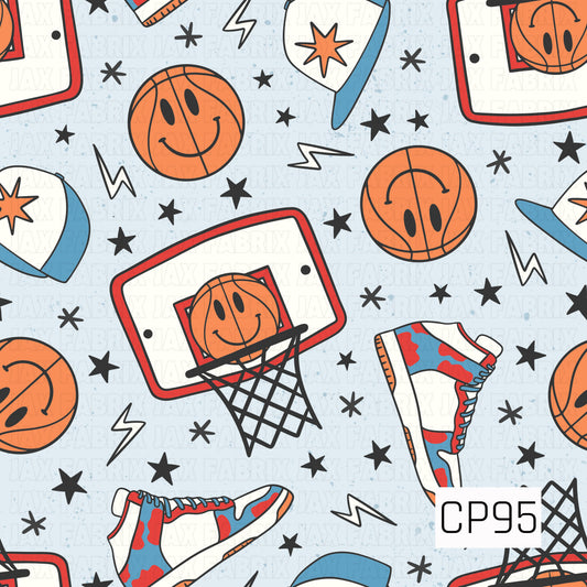 A seamless pattern featuring basketball hoops, smiling basketballs, athletic sneakers, varsity-style pennants, lightning bolts, and scattered black stars on a light blue speckled background. The bold red, blue, orange, and white color palette creates a fun retro sports design with playful basketball-inspired elements.
