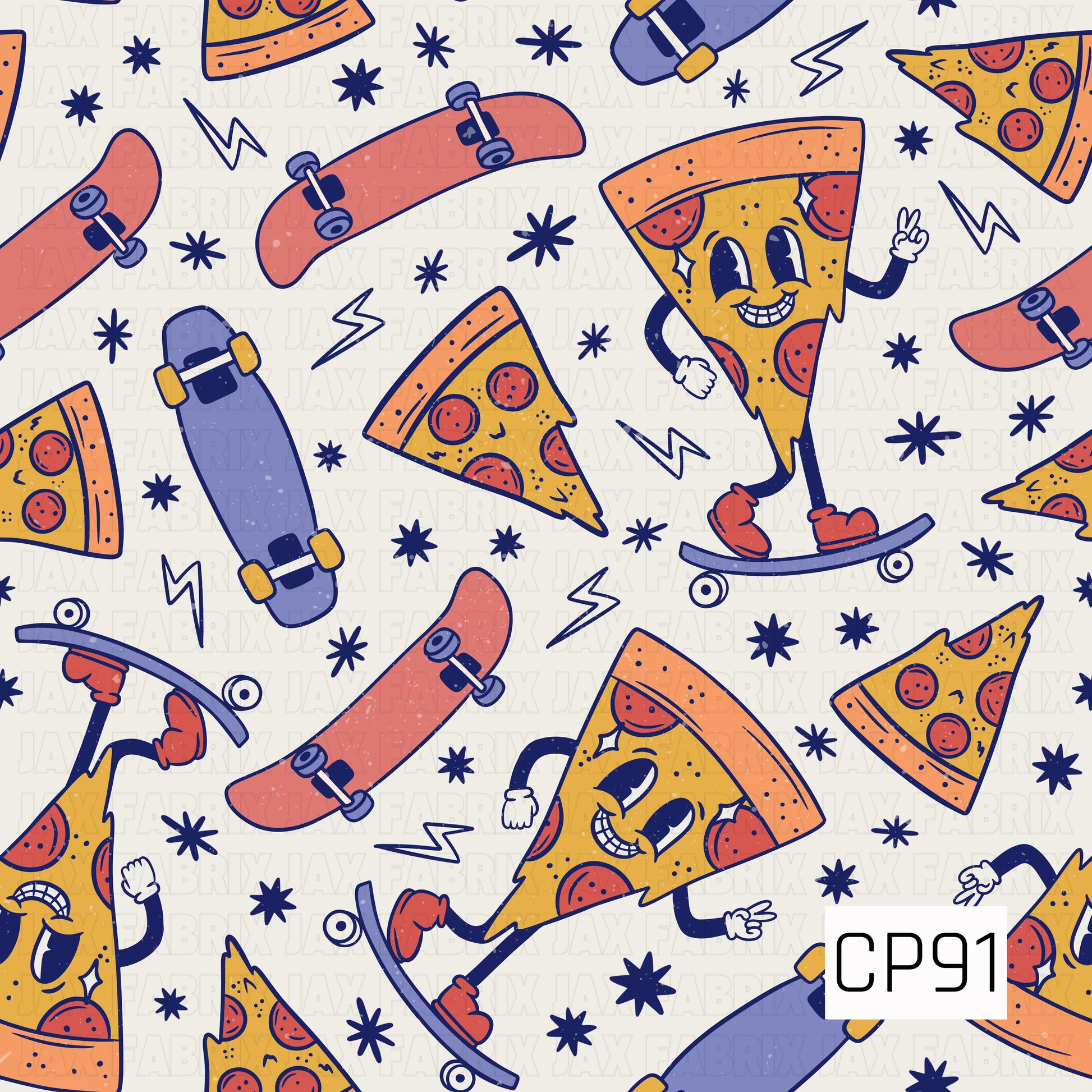 A seamless pattern featuring playful pizza slices with smiling faces, skateboards in muted blue and coral, lightning bolts, and retro starbursts scattered across a light cream background. The fun, vintage-inspired design combines skate culture with quirky food graphics in a bold, whimsical style.
