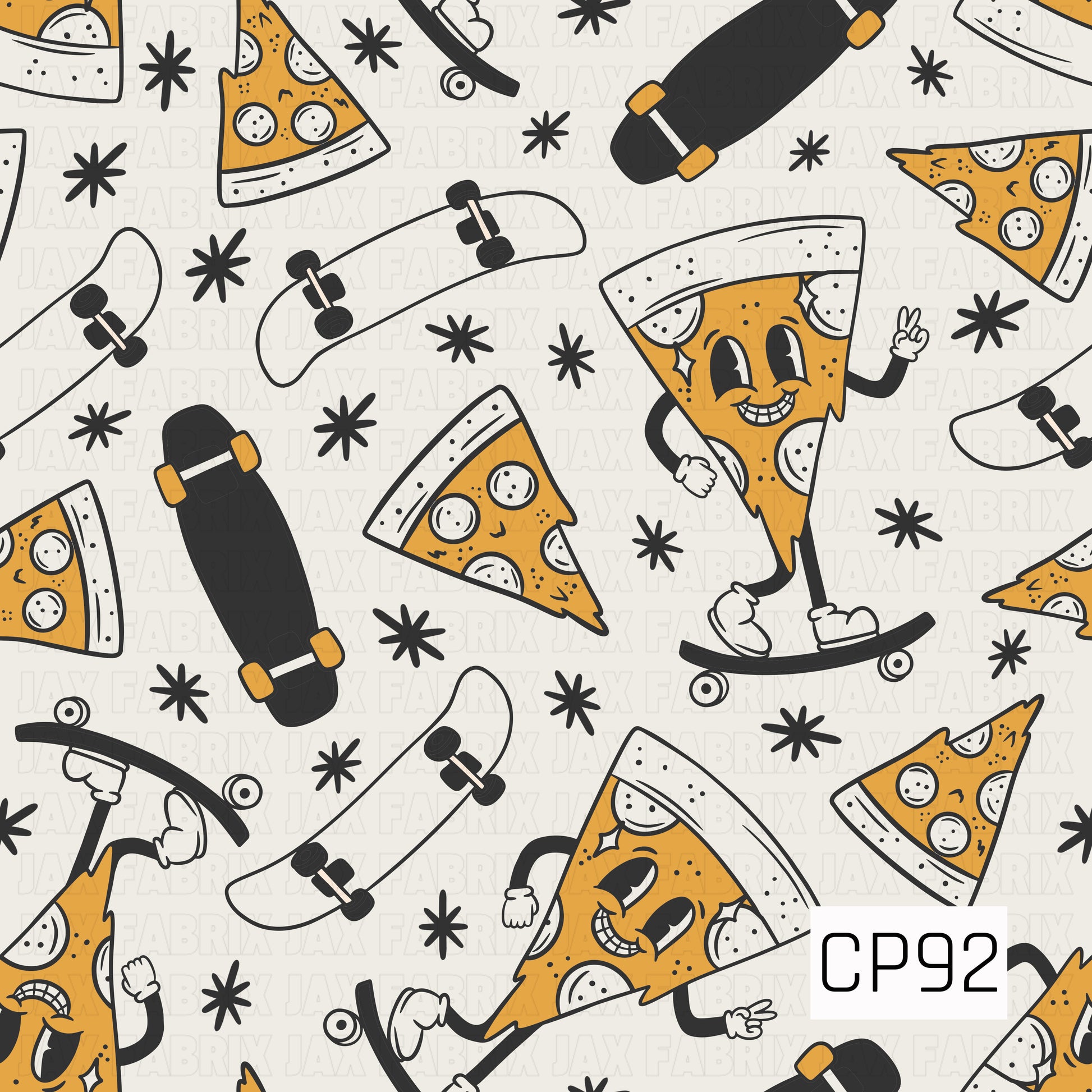 A seamless pattern featuring playful pizza slices with cheerful faces, black and white skateboards, and scattered retro starbursts on a light cream background. The bold black, white, and golden yellow color palette creates a fun, modern skater-inspired design with a clean, graphic style.

