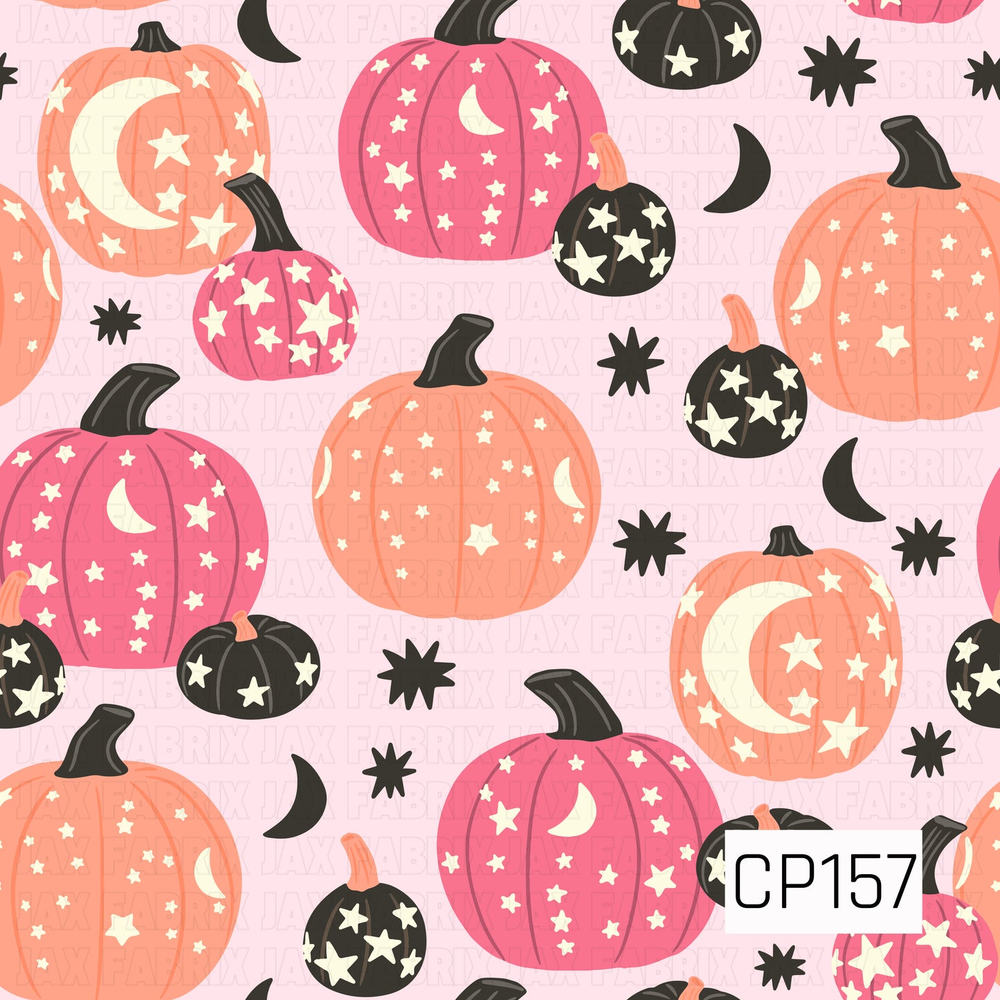 A whimsical Halloween seamless pattern featuring pink, peach, and black pumpkins decorated with stars and crescent moons, scattered across a light pink background. Black crescent moons and starburst accents add a celestial touch, creating a fun and magical Halloween design in soft pastel colors.
