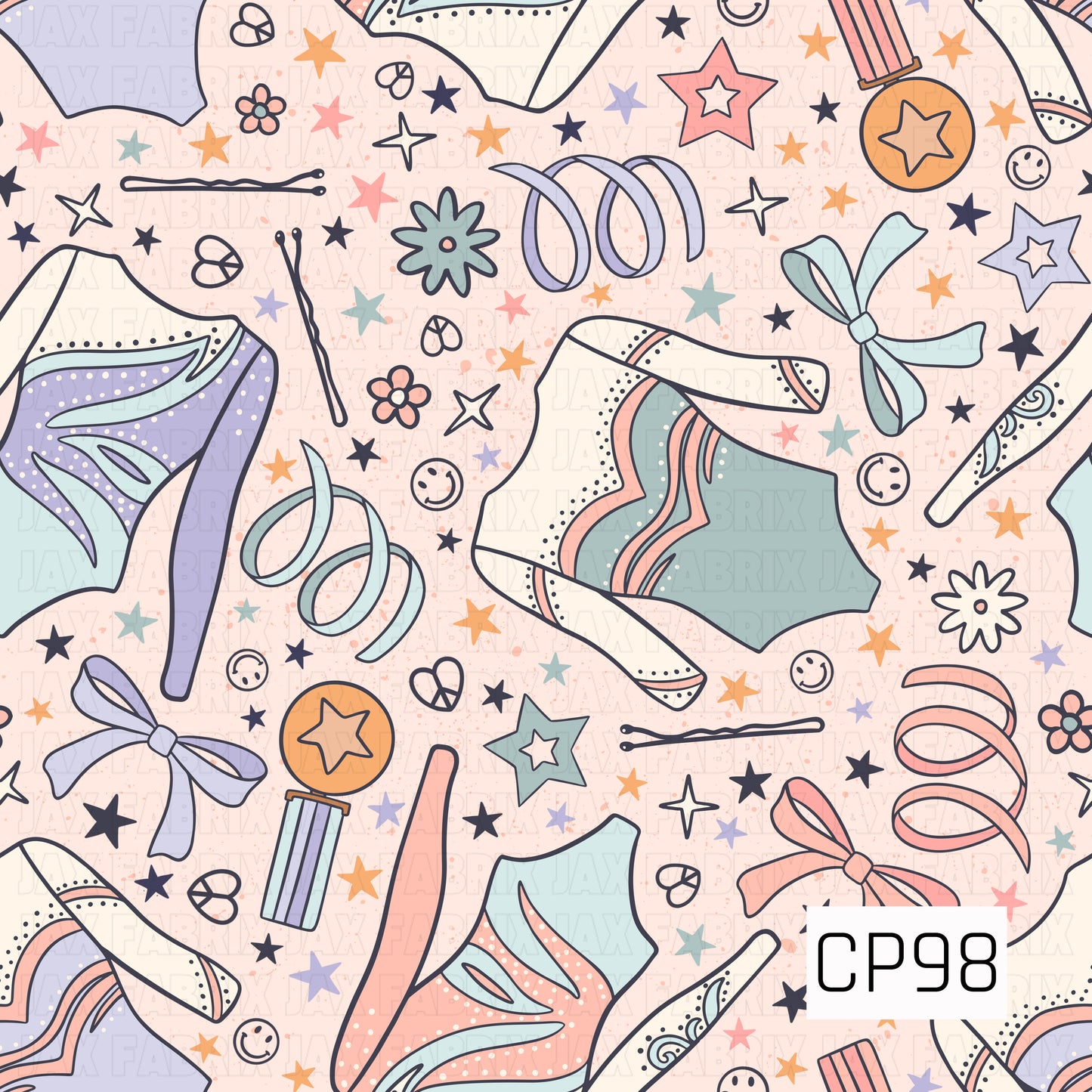 A seamless pattern featuring pastel gymnastics leotards, rhythmic gymnastics ribbons, medals, bows, hairpins, stars, flowers, smiley faces, and decorative swirls scattered across a soft blush background. The whimsical design uses shades of lavender, mint, peach, pink, and cream for a playful, gymnastics-inspired look.

