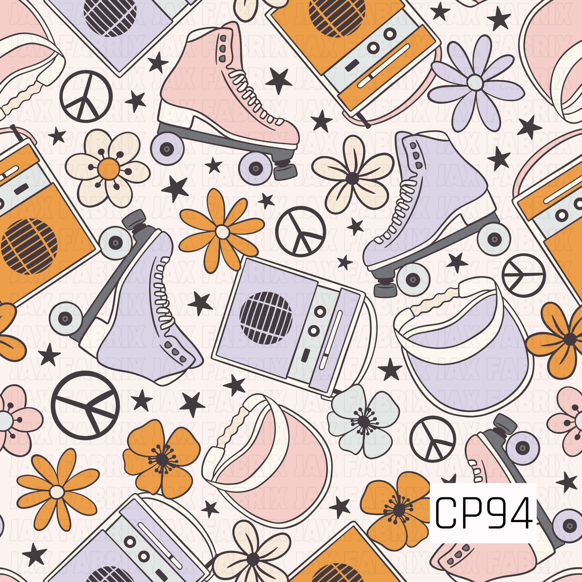 A seamless pattern featuring retro roller skates, cassette players, visors, peace signs, and groovy flowers scattered with black stars on a soft cream background. The pastel pink, lavender, orange, and cream color palette creates a fun vintage aesthetic inspired by classic roller rink and 80s vibes.

