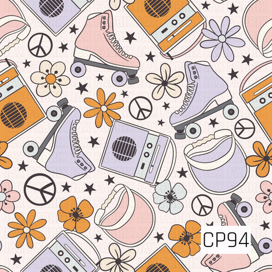 A seamless pattern featuring retro roller skates, cassette players, visors, peace signs, and groovy flowers scattered with black stars on a soft cream background. The pastel pink, lavender, orange, and cream color palette creates a fun vintage aesthetic inspired by classic roller rink and 80s vibes.
