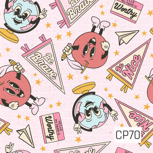 Retro school-themed pattern featuring smiling globe and apple characters, paper airplanes, stars, pennant flags with "Be Brave" and "Be Nice," and "Hello, my name is Worthy" name tags on a soft pink background
