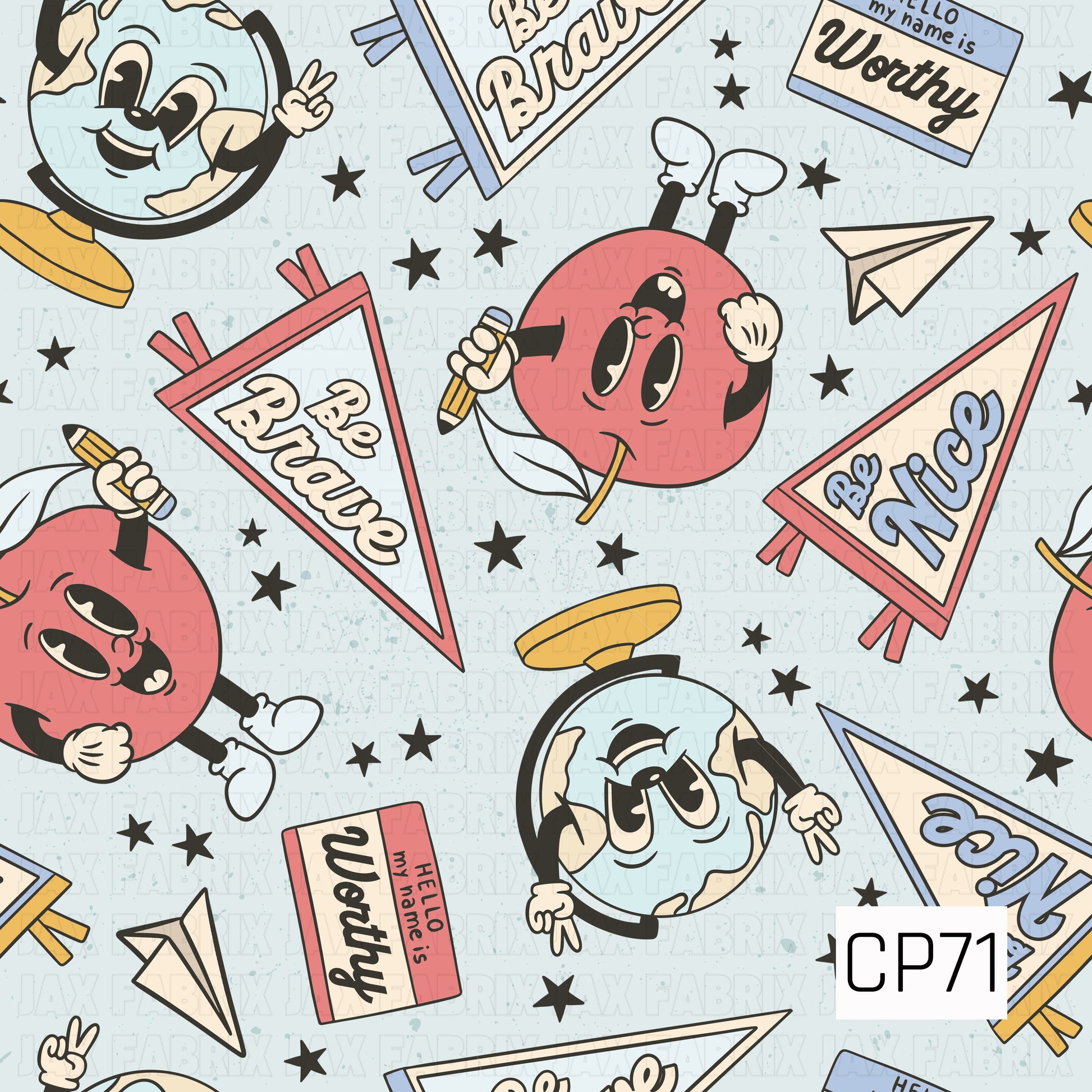Retro school-themed pattern featuring smiling globe and apple characters, paper airplanes, stars, pennant flags with "Be Brave" and "Be Nice," and "Hello, my name is Worthy" name tags on a soft blue background.
