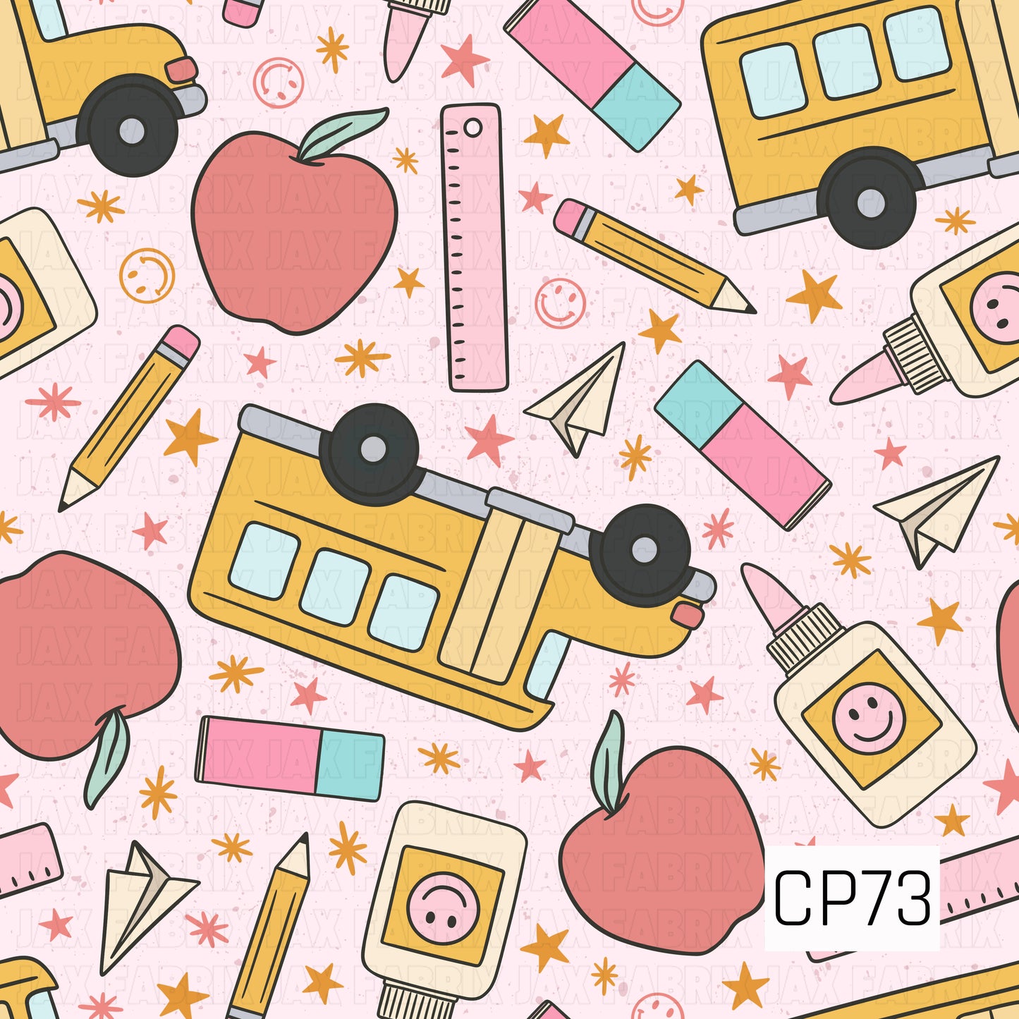 School-themed pattern featuring yellow school buses, apples, pencils, glue bottles, rulers, erasers, paper airplanes, stars, and smiley accents on a light pink speckled background.
